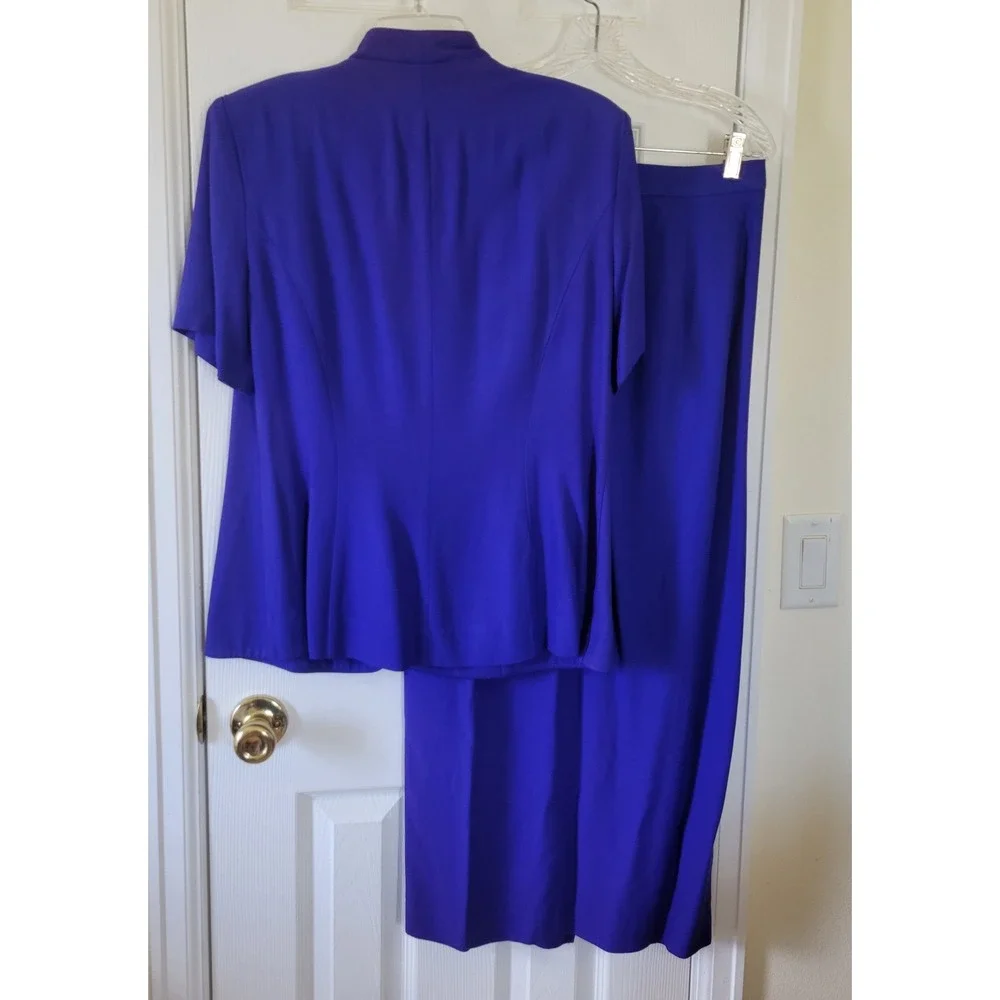 Vintage Royal‎ Blue Skirt Suit Short Sleeve Embroidered Beaded 2pc Size 14 USA